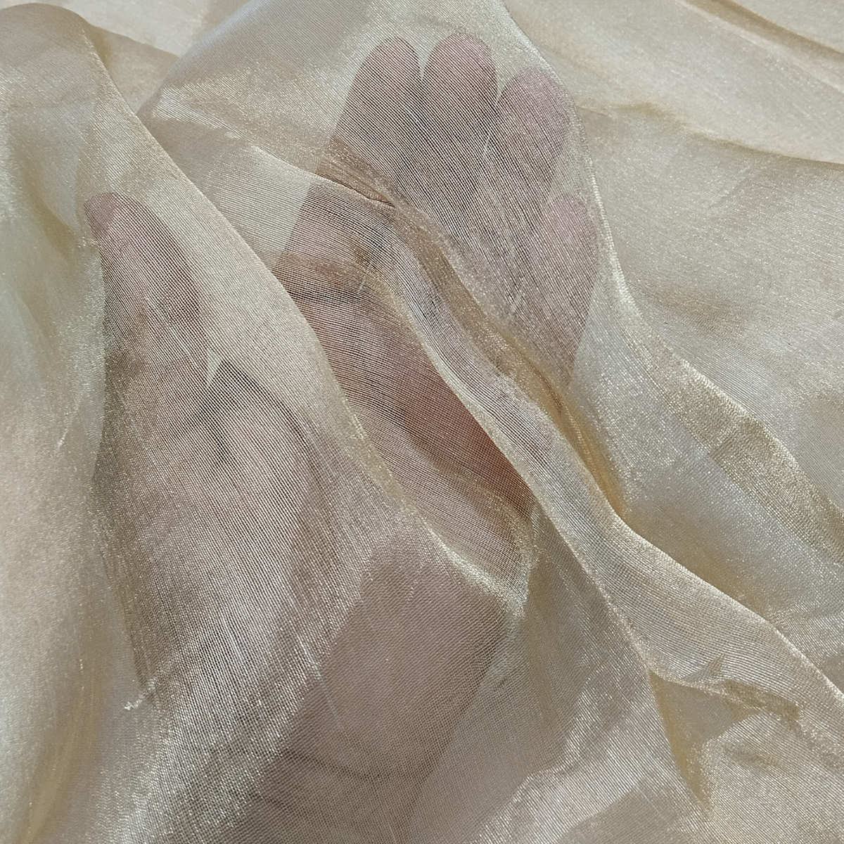 Soft pure tissue gold fabric with shiny texture and elegant drape arranged in swirl pattern.