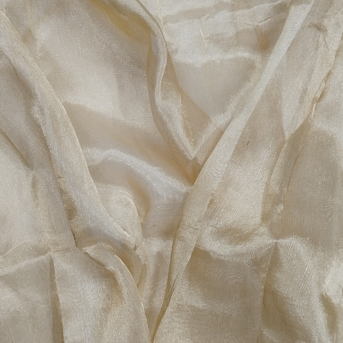 Soft pure tissue gold fabric with shiny texture and elegant drape arranged in swirl pattern.