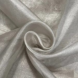 Pure Organza Tissue Silver fabric with shimmering metallic finish and sheer crisp texture.